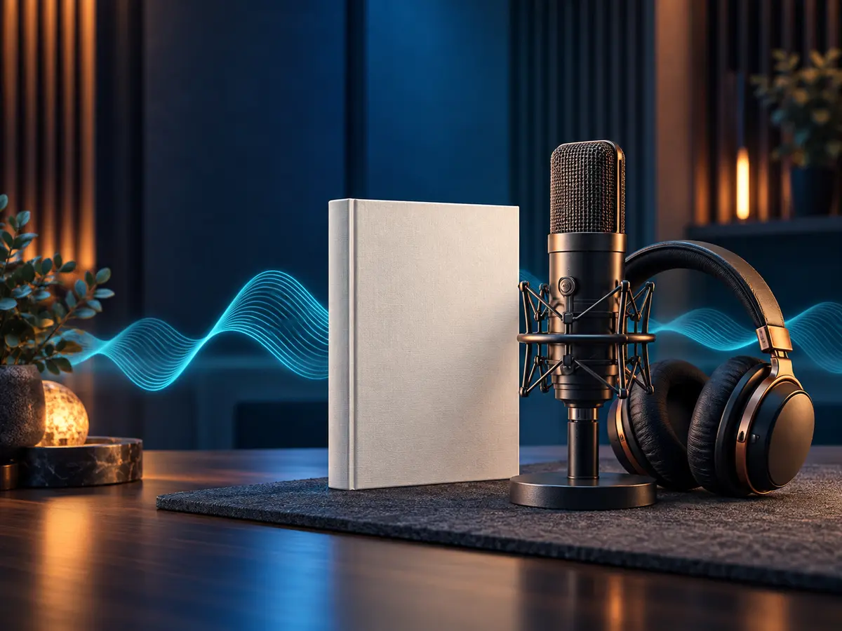 An open book beside a studio microphone, headphones, and audio editing equipment