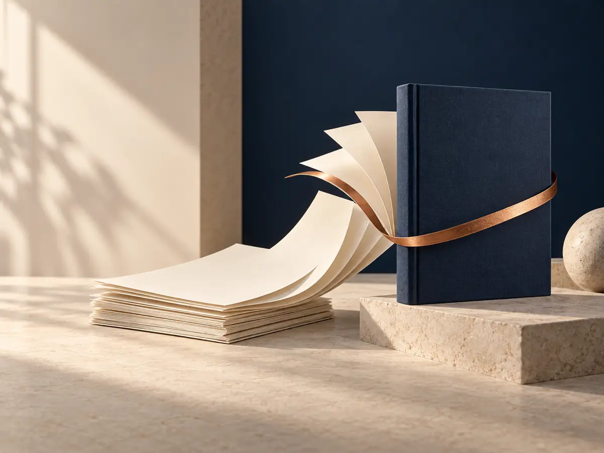 A finished hardcover book emerging from manuscript pages